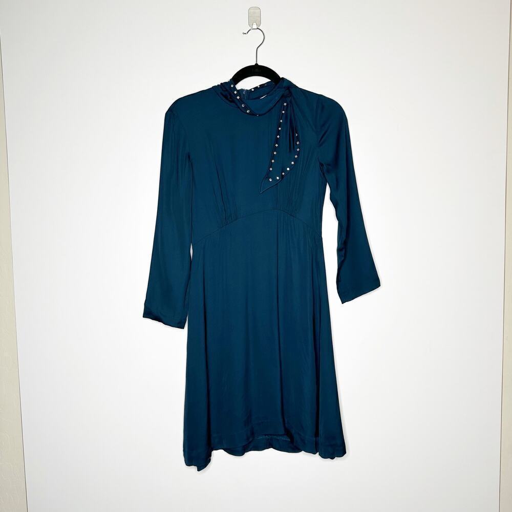NEW Sandro Studded Bow Collar Dress Silk Blend Women's Teal Size 38 - Picture 2 of 7